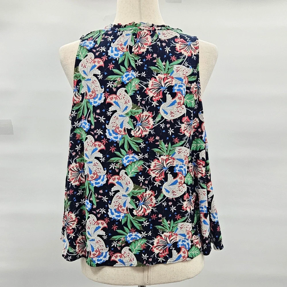 J.Crew Womens XS Navy Blue‎ Floral Viscose Sleeveless Tie Neck Blouse Top